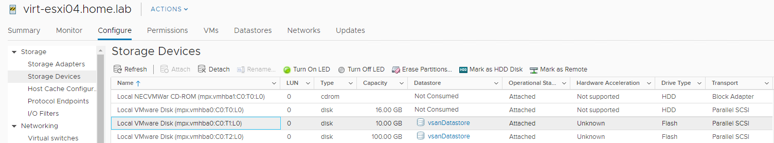 ESXi host’s storage devices in vCenter